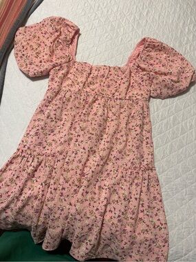Pink Floral Puff-Sleeve Casual Women’s Dress